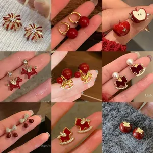 Elegant New Year Red Artificial Pearl Rhinestone Earrings With Silver Earring Post Bow Horse Heart Pattern For Women Jewelry Gift