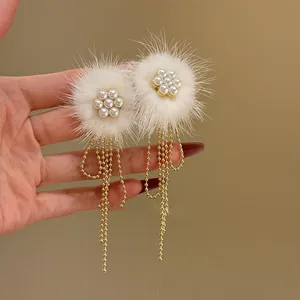 Plüsch Pelzball Blume Künstliche Perle Lange Quaste Tropfenohrringe Mit 925 Sterling Silber Ohrstecker Herbst Winter