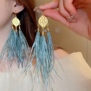 Detailed view of bohemian vintage long feather tassel earrings in teal and gold finish.