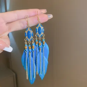 Detailed view of elegant bohemian vintage blue feather earrings with long gold chain tassels