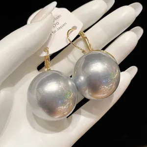 Elegant large metallic grey pearl hoop earrings featuring a retro French chunky design for women