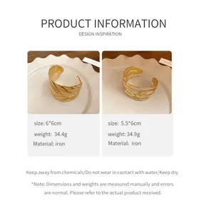 Gold metallic leaf texture and hollow wire open cuff bracelets with product specs
