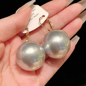 Elegant large silver grey pearl leverback earrings with French vintage style design