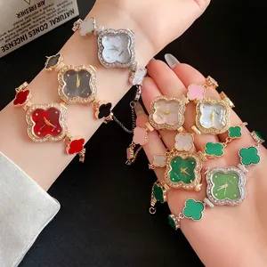 Luxus Kleeblatt Blume Armbanduhr Strass Eingelegt Modeschmuck Für Damen Elegante Quarz Armbanduhr Gold Vergoldetes Accessoire