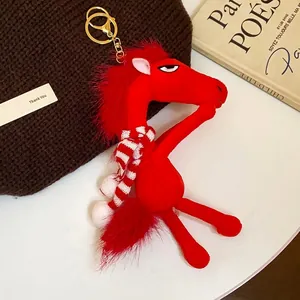 Red flocked horse plush doll keychain pendant for school backpacks and fashion bags