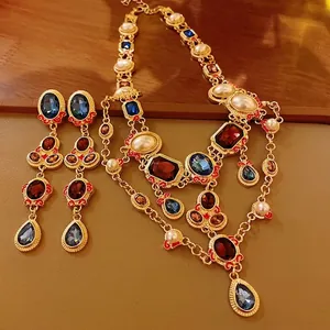 Vintage baroque necklace and earrings set with colorful crystals and white pearls