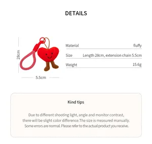 Detailed product specifications for red heart plush keychain including size weight and material