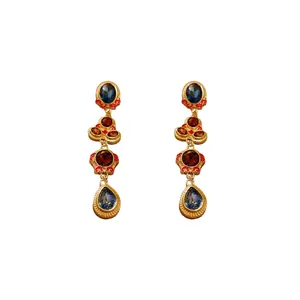 Vintage style teardrop dangle earrings with colorful crystals in gold-toned setting