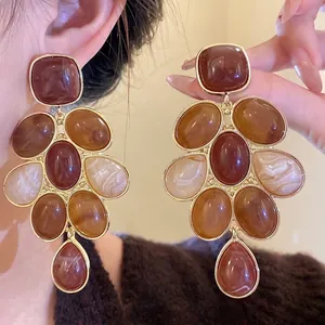 Orecchini Pendenti con Nappine in Resina Vintage per Donna Orecchini Geometrici Marrone Ambra Con Perno in Argento Sterling 925