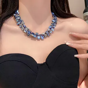 Bohemian style irregular double-layered iridescent blue shell bead necklace for women