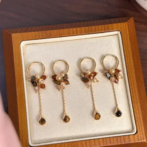 Vintage Maillard style tiger eye and pearl tassel dangle hoop earrings for elegant women