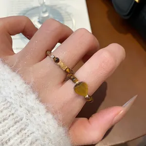 Bague rétro en perles d'oeil de tigre avec coeur pour femme bijou de style ethnique