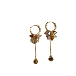Vintage tiger eye stone tassel hoop earrings with elegant pearls and crystal beads
