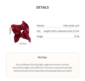 Detailed view of a red leather square scrunchie with dimensions and material specifications