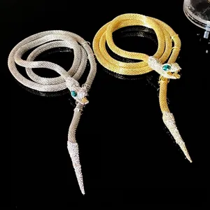 Heavy industry rhinestone snake head tassel mesh necklace in gold and silver set