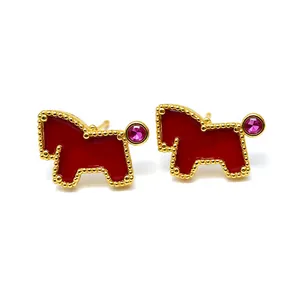 Red enamel pony stud earrings with pink crystal accents for festive and lucky fashion style