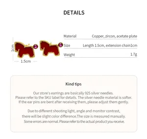 Detailed view of red zircon horse stud earrings with size and material specifications
