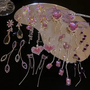 Exaggerated Alloy Rhinestone Purple Flower Drop Earrings Long Tassel Heart Butterfly Leaf Earrings For Women Jewelry Wedding Party Banquet