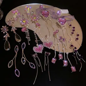 Elegant purple rhinestone floral tassel drop earrings collection