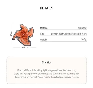 Detailed specifications of retro orange paisley print silk scarf necklace, 46x46cm size.