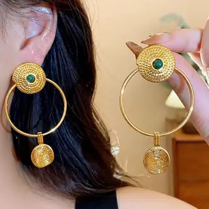 Vintage Gold Plated Round Wrinkled Hollow Stud Earrings With Malachite 925 Sterling Silver Earring Post For Women Jewelry