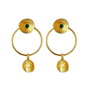 Elegant gold plated round hoop earrings with textured coin drops and green stones
