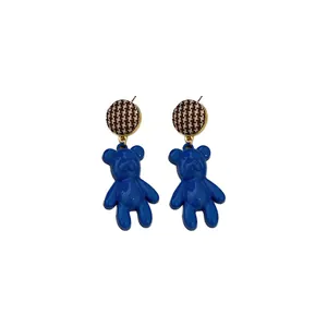 Fashionable Klein blue teddy bear drop earrings with houndstooth patterned studs