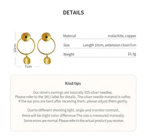 Detailed technical specifications for gold-plated malachite drop earrings with 925 silver needles.