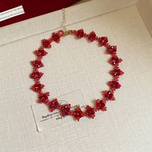 Elegant red crystal beaded flower choker necklace for women, stylish handmade jewelry gift