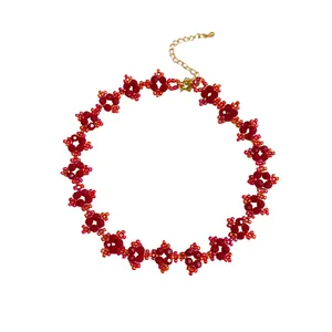 Handmade red and orange floral beaded choker necklace with adjustable gold chain