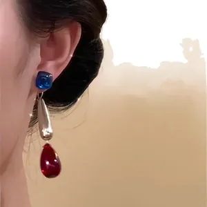 Vintage ethnic style silver needle acrylic teardrop tassel earrings for stylish women