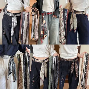 Women Vintage Bohemian Printed Satin Scarf Waist Chain Belt Paisley Leopard Polka Dot Ethnic Style Waistband Accessory