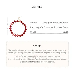 Detail view of red flower beaded necklace with material and size specifications.