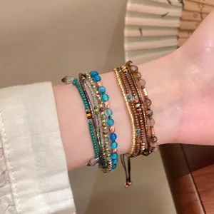Vintage Ethnic Style Multi-layer Beaded Bracelets For Women Glass Agate Stackable Adjustable Drawstring Bracelet Retro Jewelry