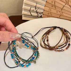 Vintage ethnic style multi-layer beaded bracelet with glass and agate beads, drawstring