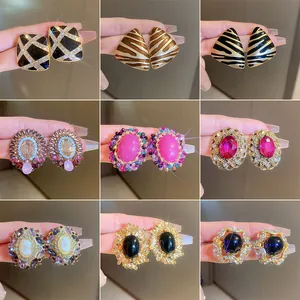 Vintage Alloy 925 Sterling Silver Needle Stud Earrings For Women Gold Black Geometric Rhinestone Enamel Chic Fashion Jewelry