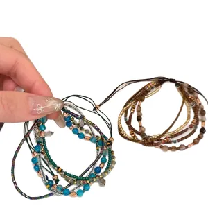 Vintage multi-layer beaded bracelet with glass and agate beads, adjustable ethnic style