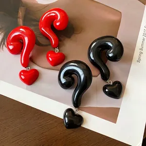 Vintage Question Mark Heart Drop Earrings For Women Ancora Red Black Silver Earring Post Alloy Resin Unique Trendy Jewelry