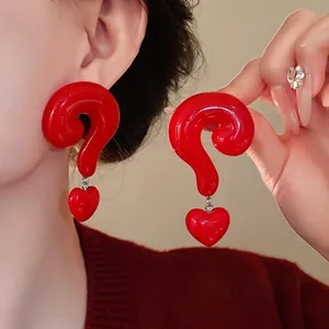 Bold Ankara red question mark drop earrings featuring a glossy heart pendant for women