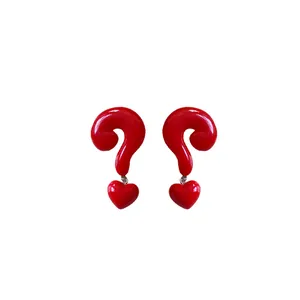 Creative Ancora red question mark heart drop earrings with silver needles for women