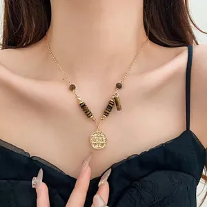 Vintage Maillard Style Tiger's Eye Artificial Pearl Necklace Stainless Steel Gold Plated Clavicle Chain Jewelry For Women