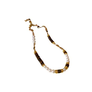 Elegant vintage pearl and tiger eye stone necklace with gold-plated stainless steel chain