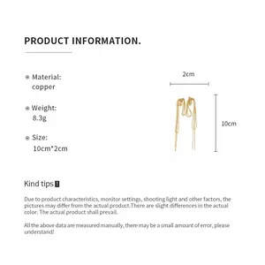 Detailed product specifications showing material and size for gold knot tassel earrings.