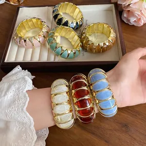 French Vintage Smudge Acrylic Geometric Elastic Bracelet Gold Color Alloy Marble Pattern Bangle For Women Fashion Jewelry