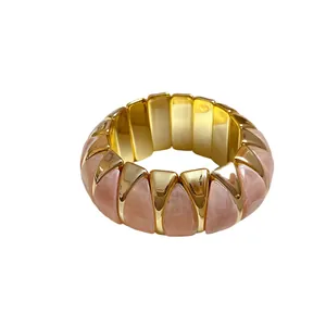 Elegant French marbled acrylic stretch bracelet with gold-tone geometric metal segments