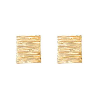 Gold geometric square stud earrings with unique wrinkled fold texture for women