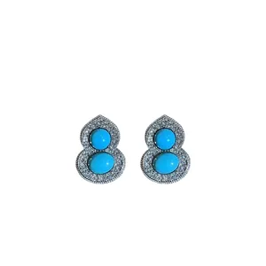 Elegant New Chinese style silver gourd stud earrings featuring turquoise and sparkling rhinestones