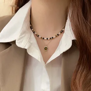 Collana di Perline Occhio di Tigre Retrò Doppia Catena in Lega Placcata Oro Pendente Maglione per Donna Gioielli