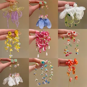 Handmade Chiffon Flower Tassel Drop Earrings For Women Mori Style Acrylic Seed Bead Floral Vacation Fashion Jewelry