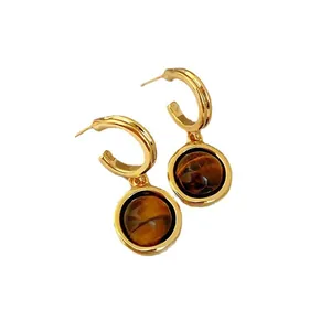 Vintage gold-plated tiger eye stone geometric hoop earrings for women and girls